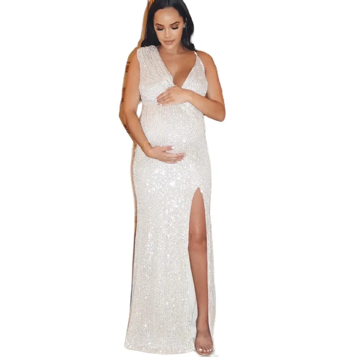 

Sexy Sequined Maternity Photo Shoot Gowns Pregnant Women Sleeveless V Neck Maxi Dresses Elegant Premama Photography Props Dress