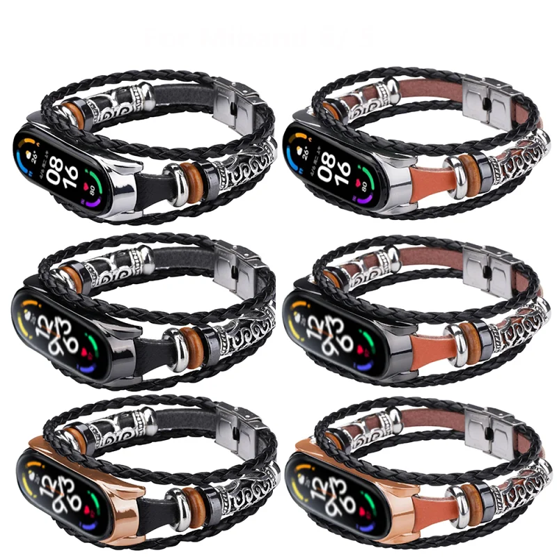 Correa de cuero para Xiaomi Mi Band 7, 6 y 5, pulsera de repuesto Vintage para reloj inteligente deportivo, con abalorios, a la moda