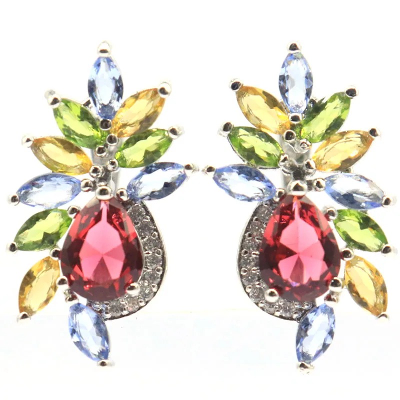 

24x14mm Mulit Color Created Tourmaline Emerald White Sapphire CZ Females Gift Silver Plated Dangle Earrings