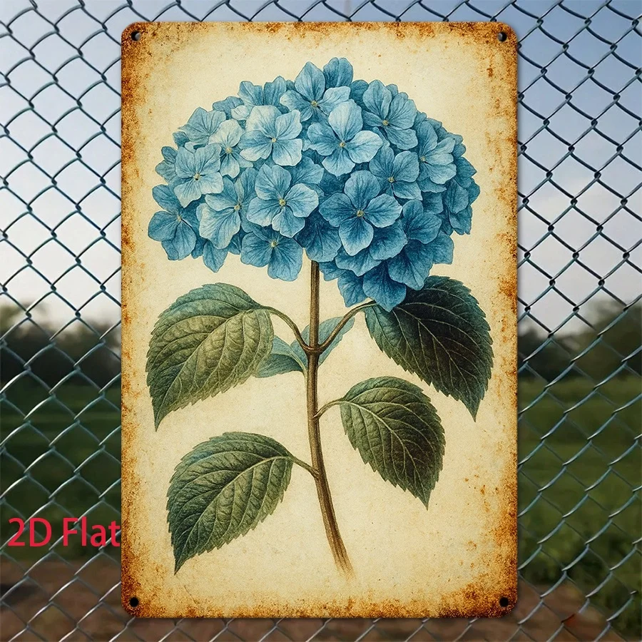 2D Flat One Piece 8x12 Inch Metal Sign Featuring Vintage Botanical Blue Hydrangea Flower Art for Garden Patio Wall Decor