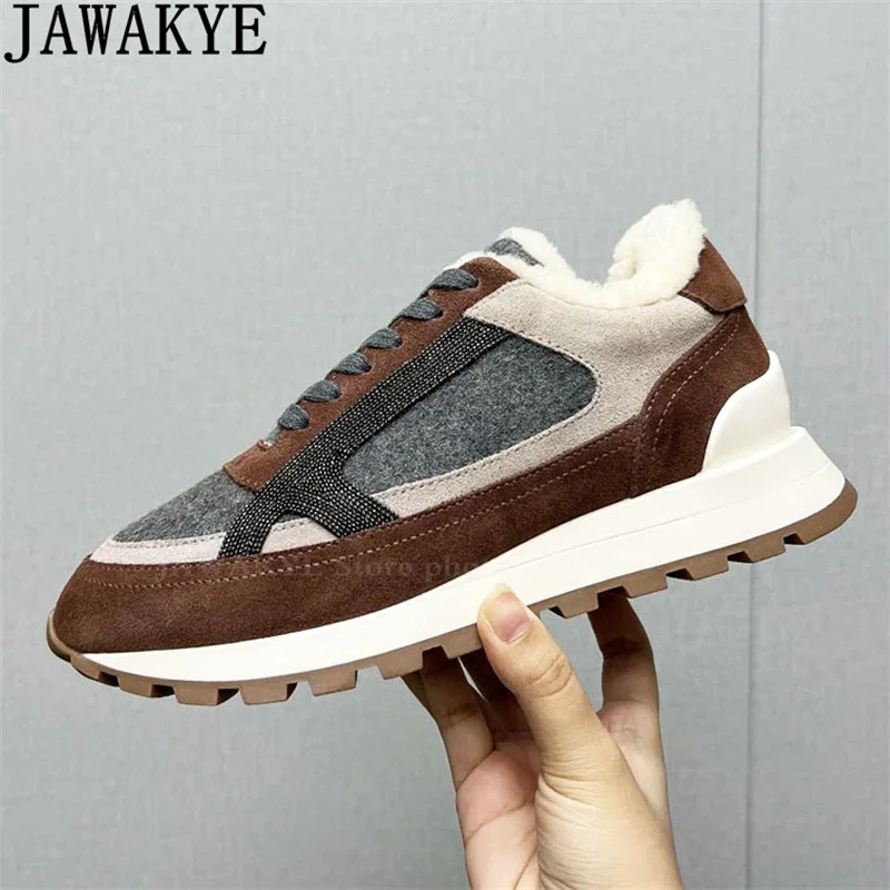 JAWAKYE Winter Wool Fur Flat Shoes Woman Casual Lace Up Fur Sneakers Shoes Hot Sale Warm Comfort Running Shoes