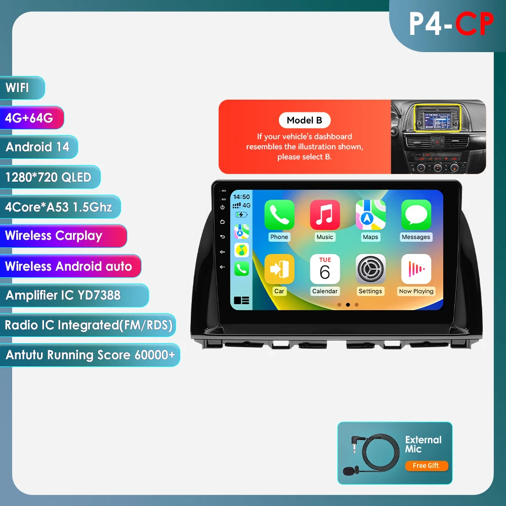 Android 14 autoradio voor Mazda CX5 CX-5 2012-2015 met Snapdragon 6115, Carplay, Android Auto, multimediaspeler, 360 graden camera en GPS-stereo.