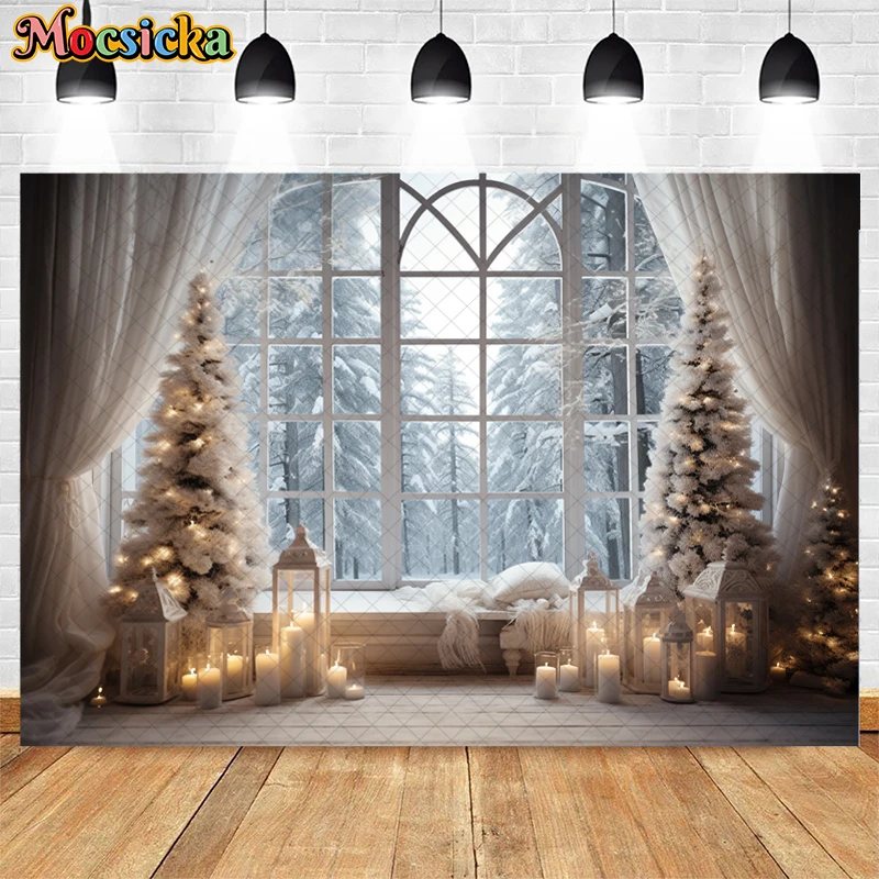 Mocsicka-Fondo de fotografía de invierno y Navidad para niños, ventana de nieve, bosque, árbol de Navidad, retrato familiar, decoración de estudio