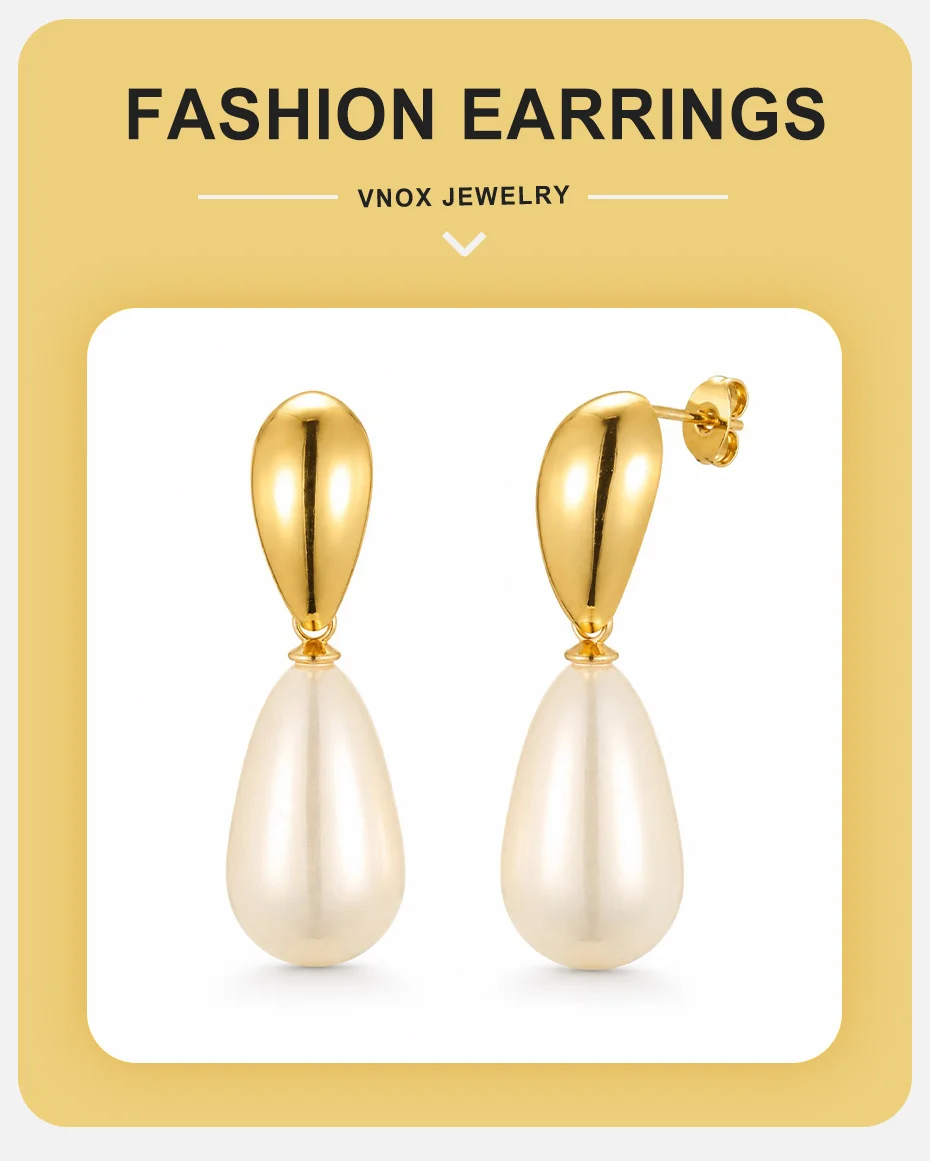 Vnox Exquisite Imitationsperlen-Ohrhänger für Damen, vergoldeter Edelstahl, tropfenförmige Ohrringe, Hochzeit, Party, Ohrschmuck – Detail 1