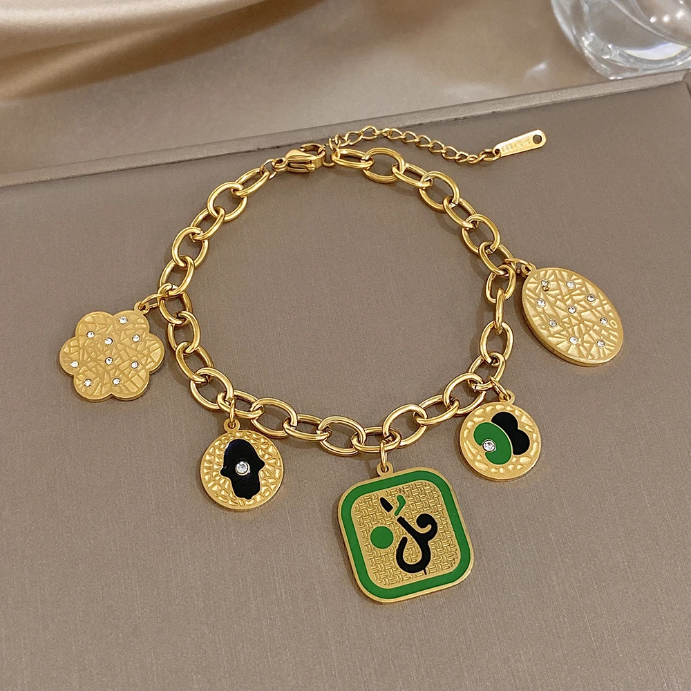 

Vintage Green Pendant Stainless Steel Bracelet for Women Adjustable Waterproof Stackable Bracelet Exquisite Jewelry Accessories