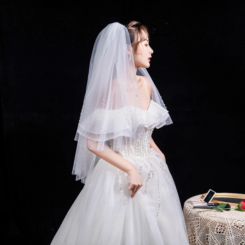 Свадебная фата из мягкого тюля с бисером, простая красивая фата с принтом из бисера, короткая свадебная фата на плечо, аксессуары для невесты