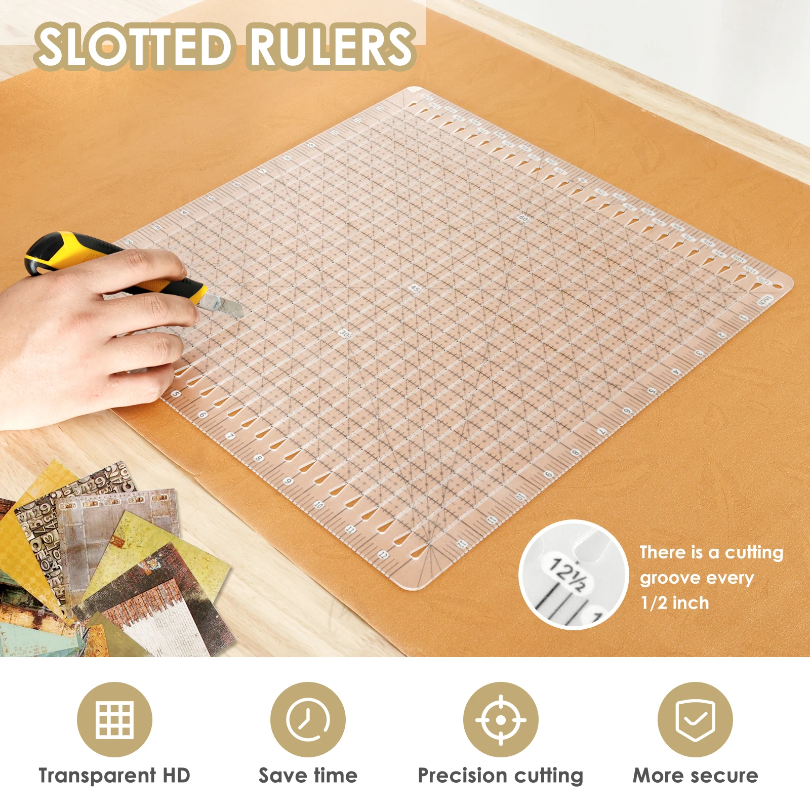 5-in-1 Quilting Ruler Cutting Assistant Clear Acrylic Quilting Template Easy to Read Square Fabric Cutting Ruler with Non Slip