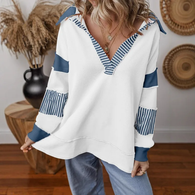 A Cross-border European American Casual Versatile Deep V-neck Pullover Striped Color-blocking Long-sleeved Loose Sweatshirt Top