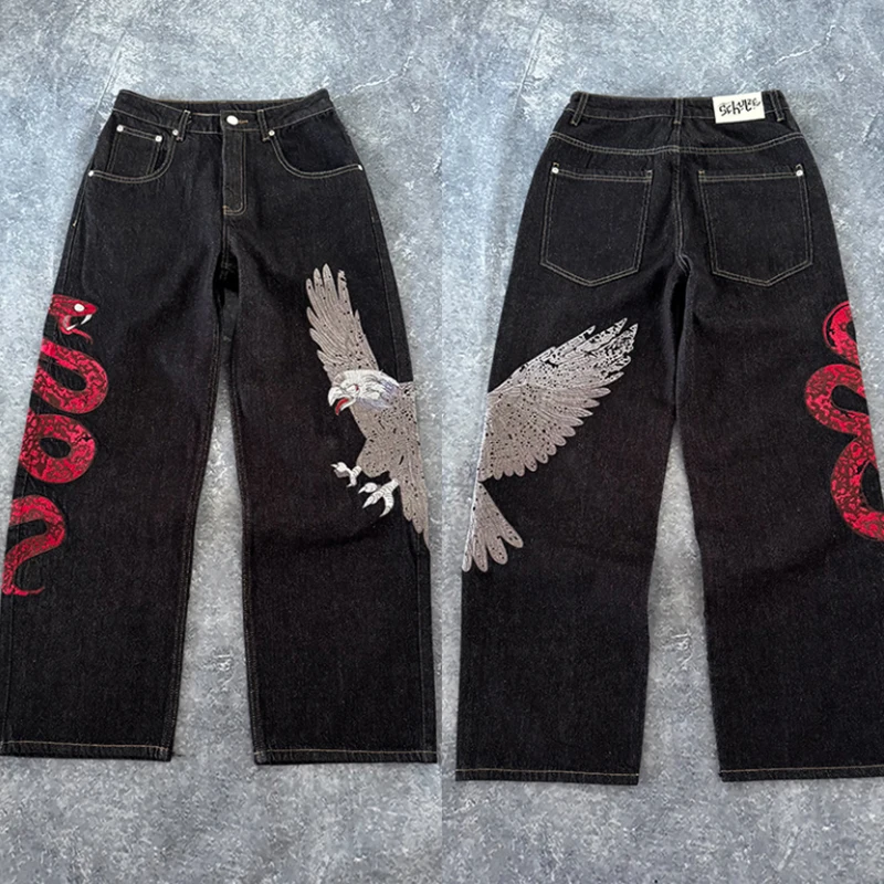 DERSCHUTZE Men Black Denim Jeans Eagle And Red Snake Graphic Print Wide Leg Loose Streetwear Trousers