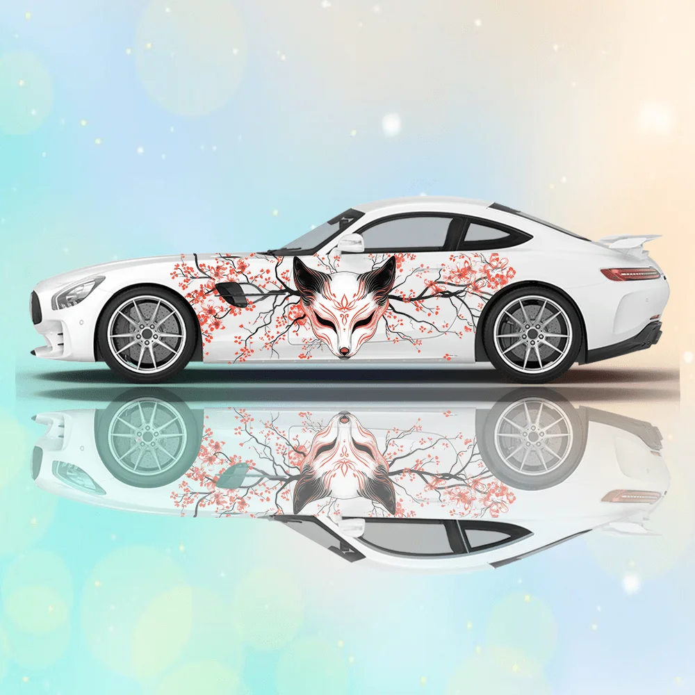 Red and Black Line Fox Mask Car Vinyl Wraps Decal Self-adhesive PVC Sticker Suitable for Trucks SUV Decoration Auto Accessories