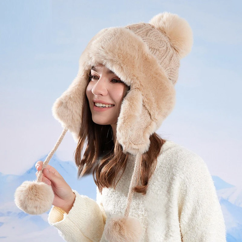 قبعة شتوية دافئة مبطنة بالصوف مع قبعة محبوكة من بوم بوم، محيط رأس كبير، قبعة حماية للأذن مقاومة للبرد