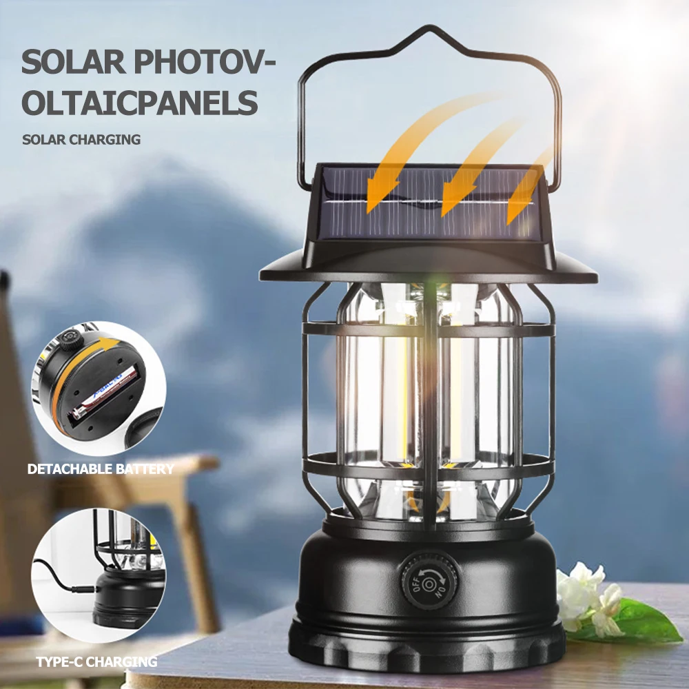 Solar Camping Lights USB Rechargeable LED Retro Portable Lantern Waterproof For Outdoor Hanging Tent Atmosphere Emergency Lamp