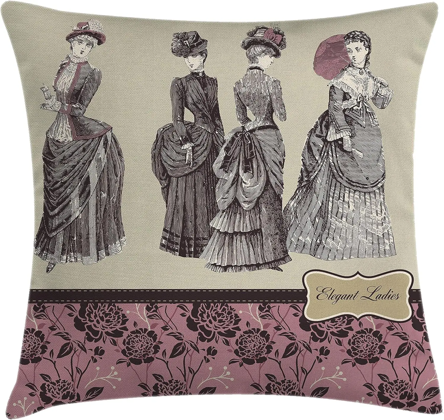 

Ambesonne Victorian Throw Pillow Cushion Cover, Ladies Clothes Fashion History Dress Handbag Feather Gloves