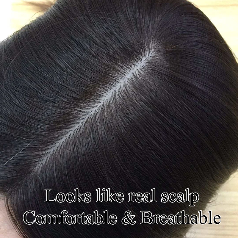 Fast Delivery 5.5*6 Inch 130% Density Remy European Human Hair Toupee 1b# Clip In Hair Real Scalp Silk Base Topper