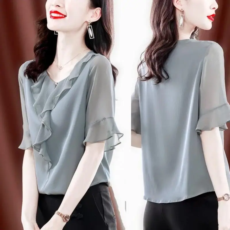 Summer Ruffles Patchwork Chiffon Blouse 2023 Fashion Solid Color All-match Round Neck Female Clothing Commute Short Sleeve Shirt