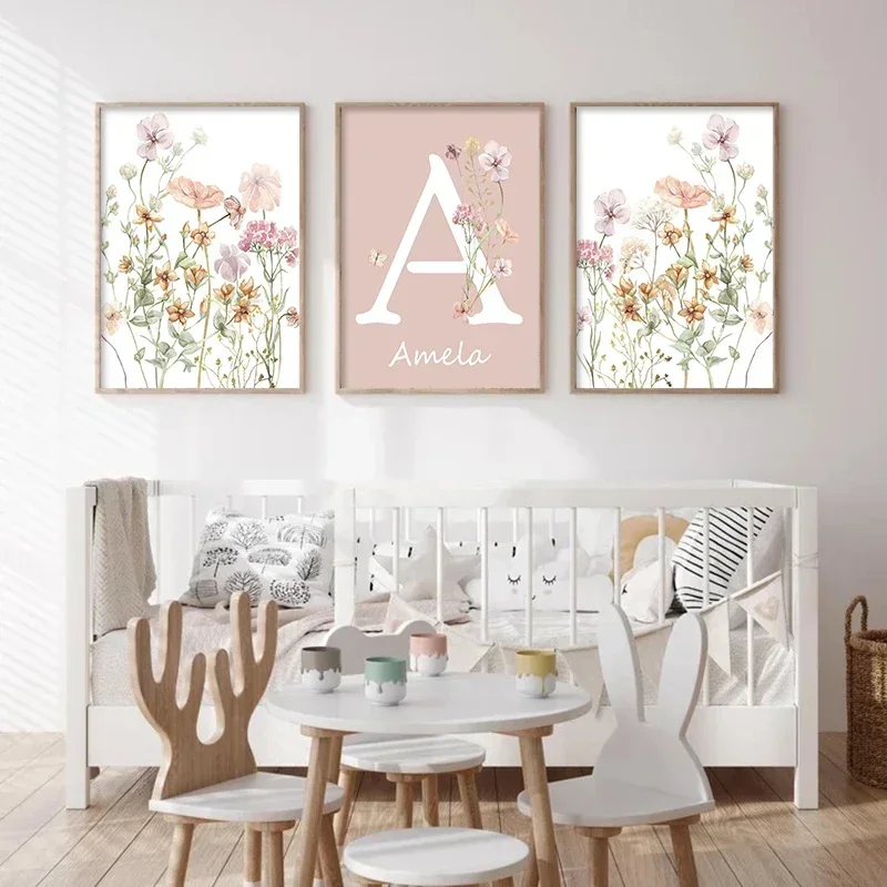 Pósteres personalizados con nombres de niñas y flores silvestres rosas, flores bohemias, arte de pared para dormitorio de beb