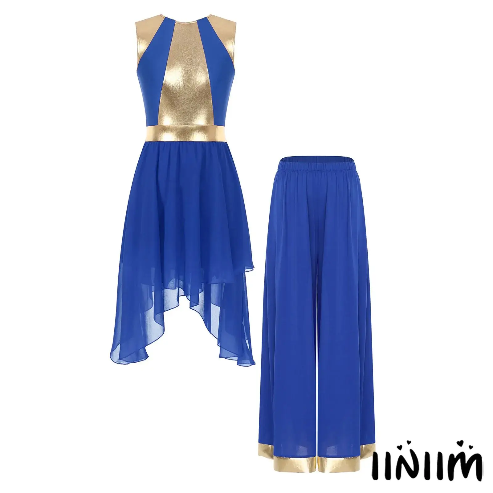 

Women's Dance Sleeveless Outfit Set Dancewear Metallic Patchwork Dress with Wide Leg Pants for Lyrical Worship Praise Dance