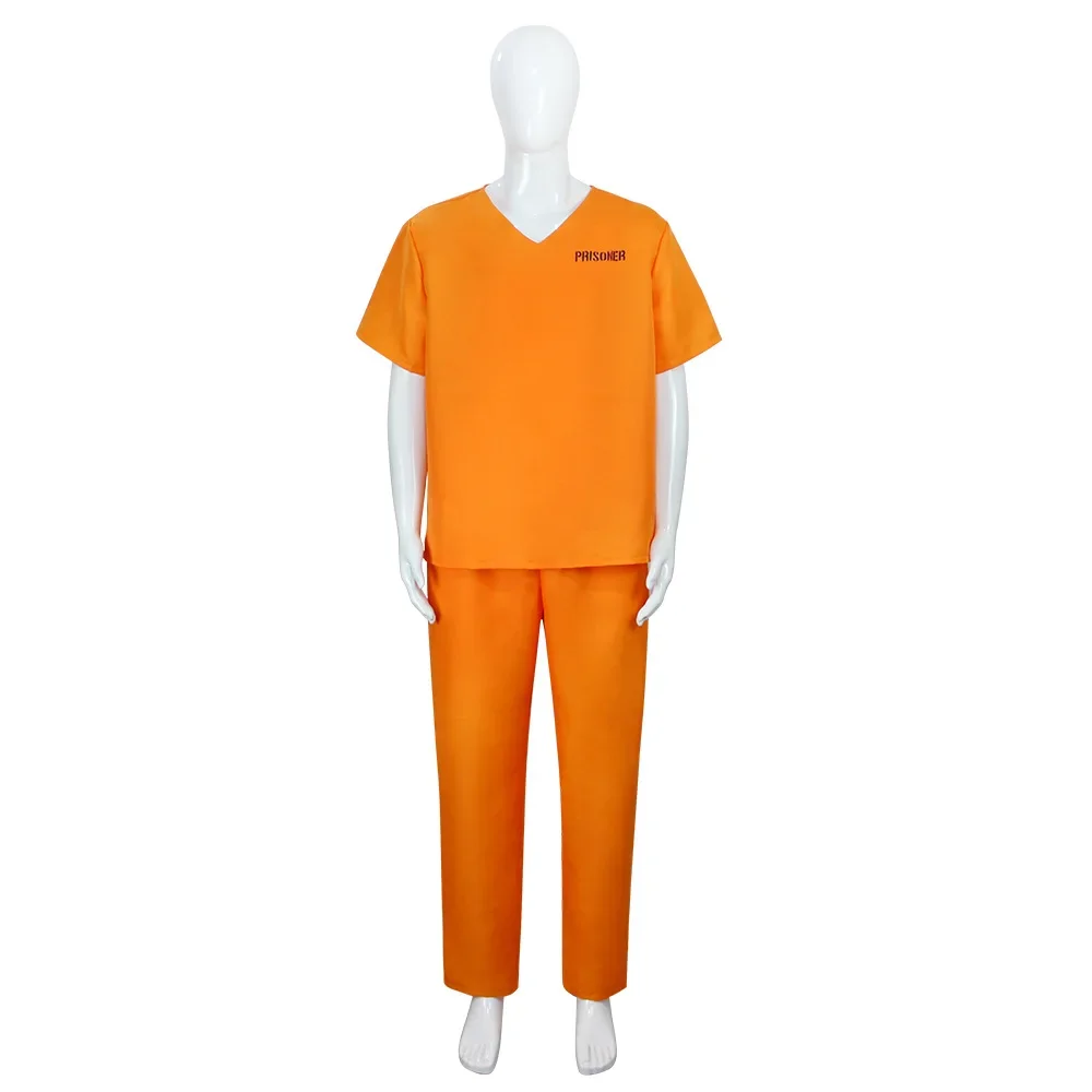 

Men Jail Black Convict Jailbird Outfit Halloween Cosplay Adult Inmate Orange Prisoner Uniform Holiday Party Carnival Costume