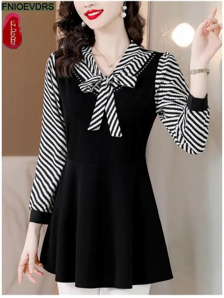 M-4XL Hot Sales 2023 Women Long Sleeve Elegant Office Lady Work Basic Wear Black Casual Bow Tie Belly Tunic Peplum Tops Blouses