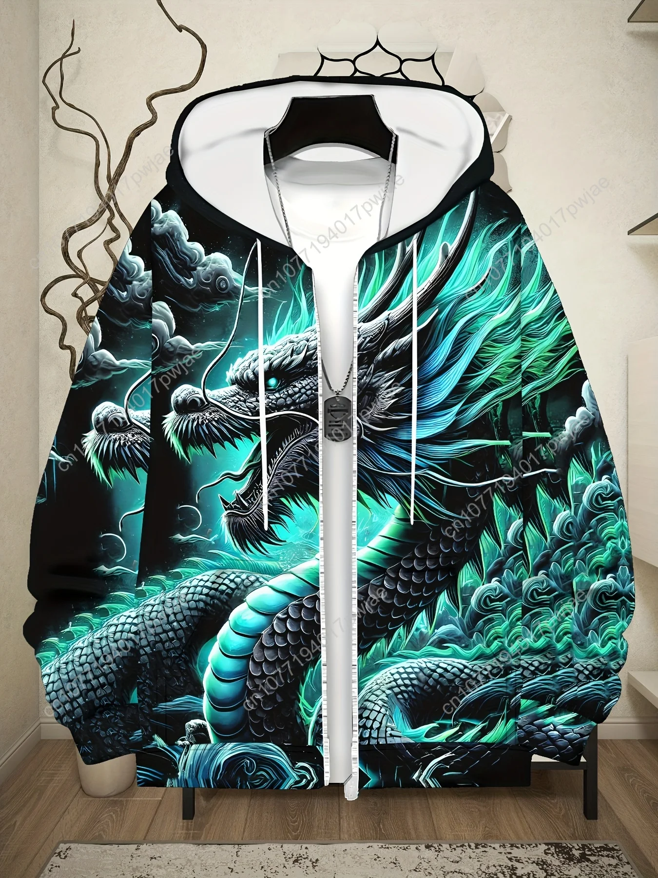 Sweat à capuche zippé à manches longues pour hommes avec motif de Dragon bleu, veste d'extérieur décontractée d'automne et d'hiver avec cordon de serrage et poches,