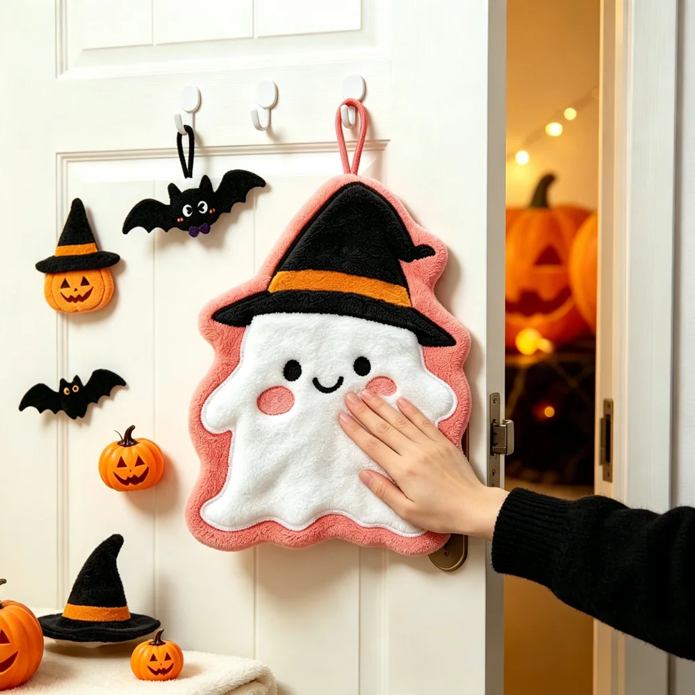 Halloween Embroidered Hanging Hand Towel, Soft Kitchen Wipe Towel, Household Accessory for Kitchen, Bathroom & Washstand, Hallow