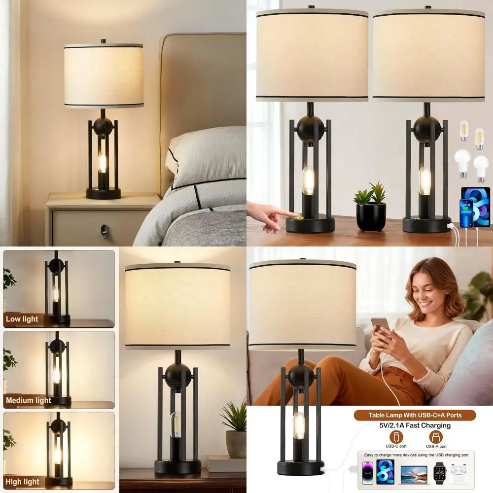 

Винтажный набор из 25 настольных ламп в стиле фермерского дома с двойным освещением и USB-портами для гостиной и спальни, сенсорное управление, 4 лампочки, черный цвет