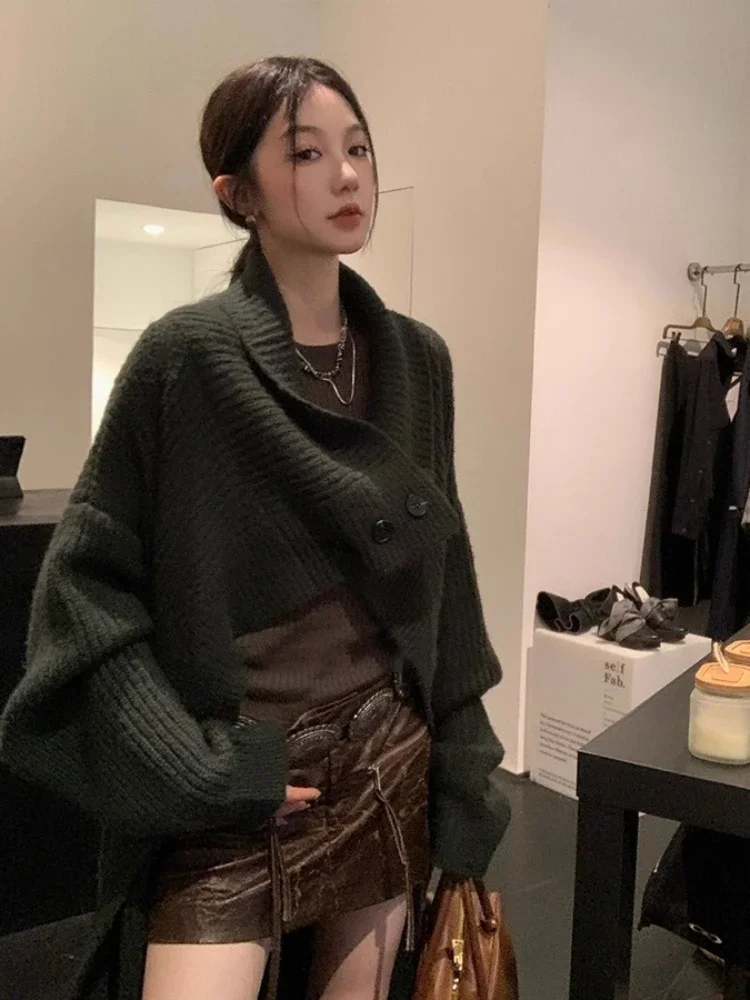 Long Cardigan Women British Style Temperament Elegant Daily Popular Chic Baggy Lapel Cozy Retro Slouchy Minority Simple Outer