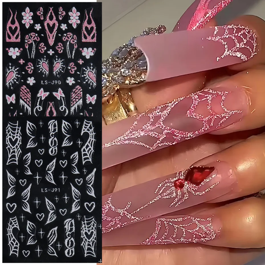 Spider Web Love Glitter Nail Art Stickers Decals Self-Adhesive Butterfly Heart Flower Shimmer 3D Nail Stickers Supplies LELS-J91