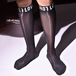 Sexy Men's Oil Shiny Stockings Transparent Letter Middle Nylon Socks Stretchy Knee High Long Socks Hoisery Sheer Pantyhose