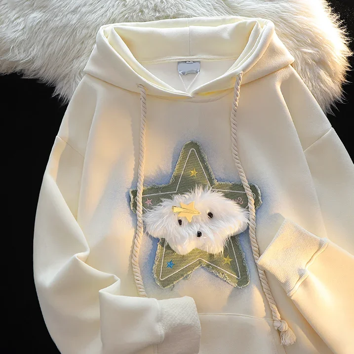 

Cute patch star dog plus velvet hooded sweater female 2024 autumn and winter loose lazy hoodie couple Joker coat hoodies women