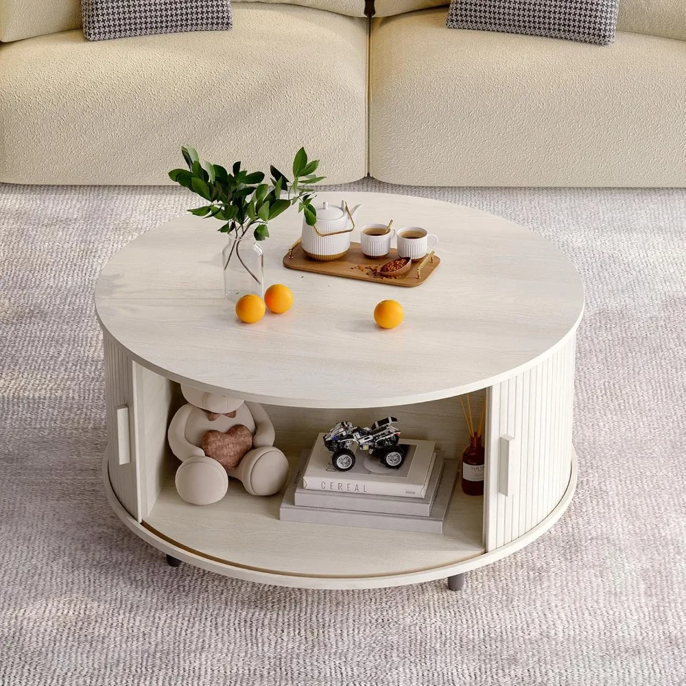 Round Coffee Table with Storage, 31.5 Modern Coffee Table with 360° Curved Sliding Door