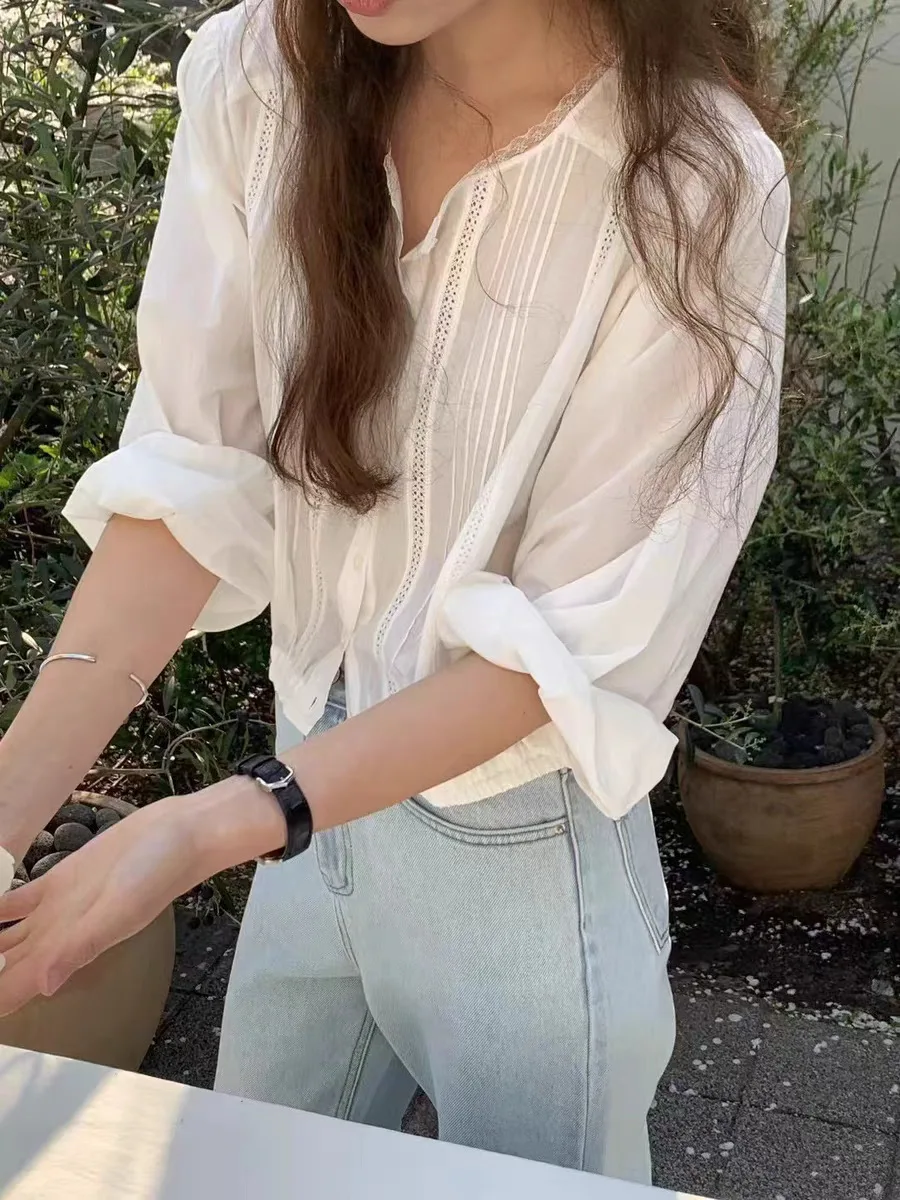 

Loose round Ne Hollow out Bubble Sve Casual irt Dongda Gate OU*CE Sle Women's Busin Casual Faion Top