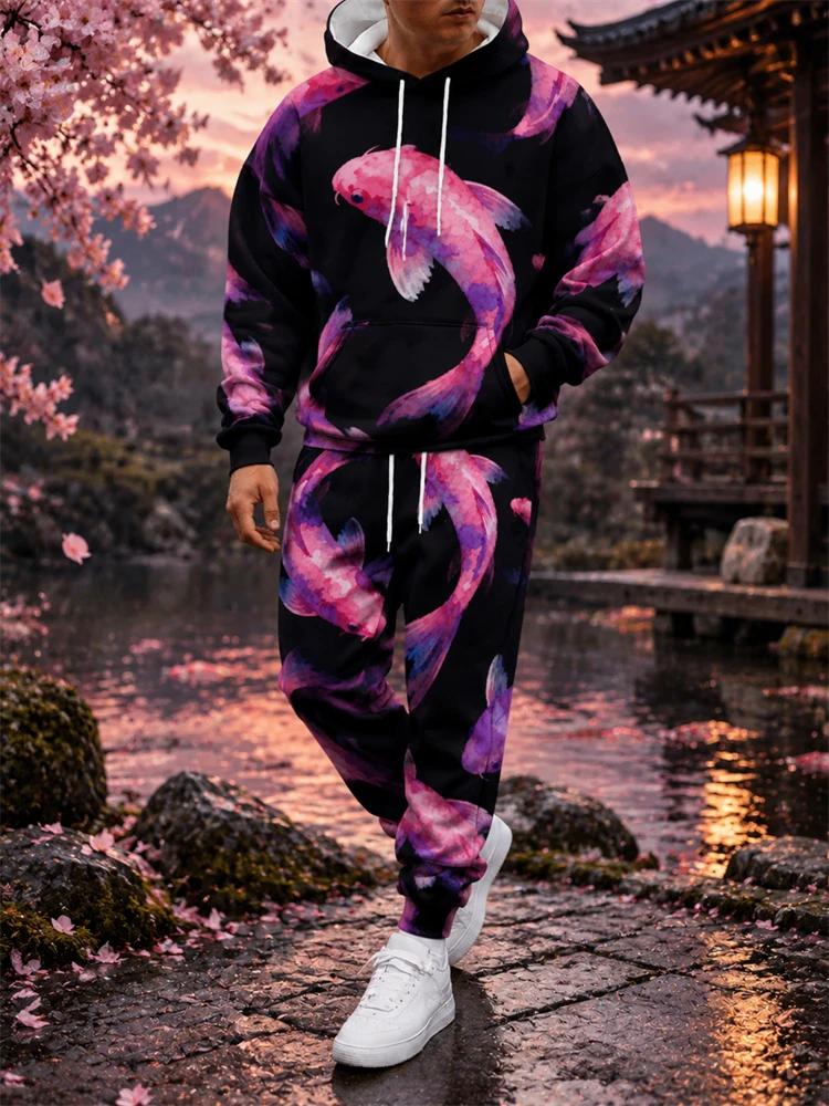 New Fall/Winter Sweatshirt Set T-Rex Print Set Men's Hoodie, Drawstring Sweatpants—A Stylish Two-Piece Set For Parties