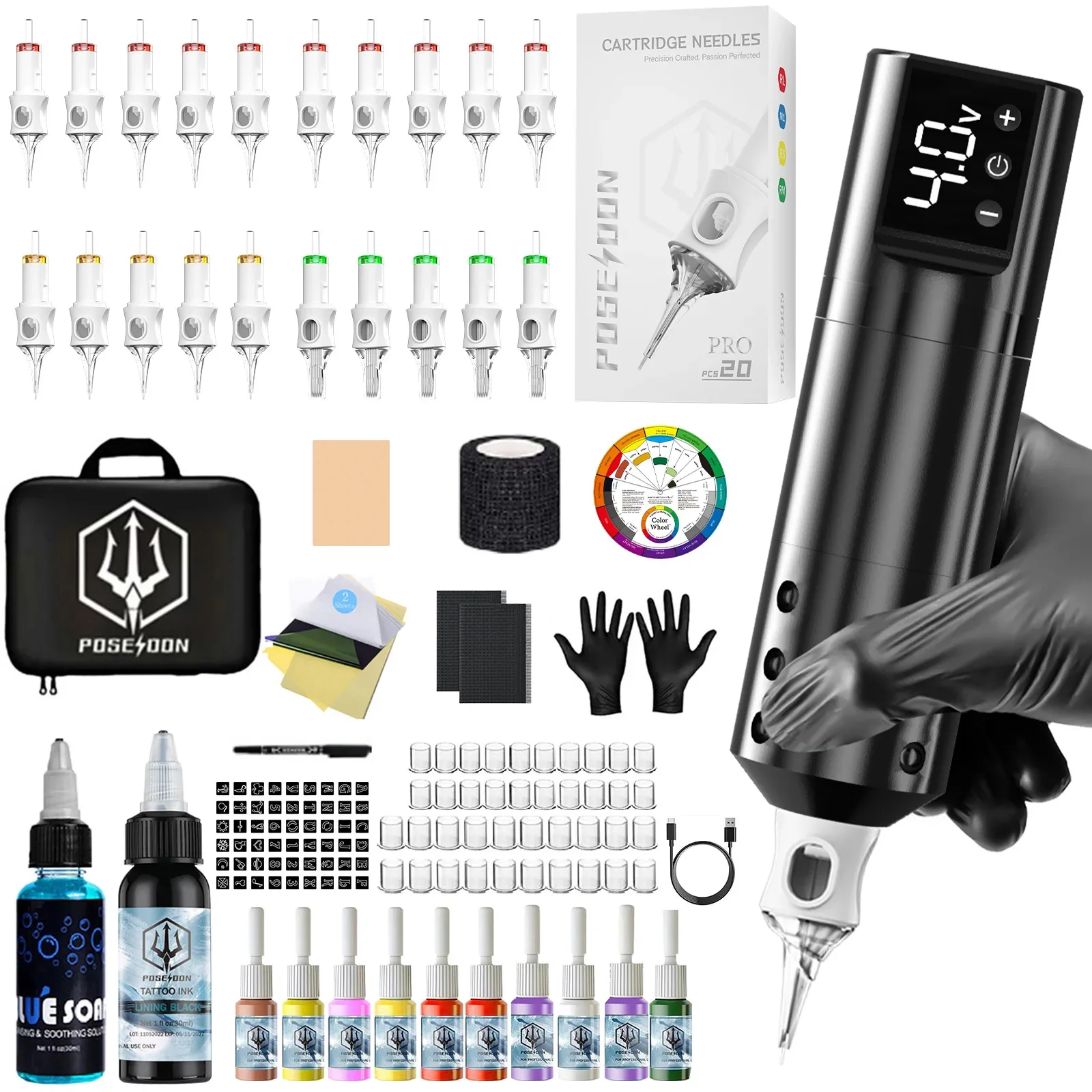 Tattoo Kit POSEIDON V6 Leichte Tattoo Stift Kit Für Permanent Make-Up Tattoo Maschine Kit Schwarz Tattoo Netzteil Tattoo Kit