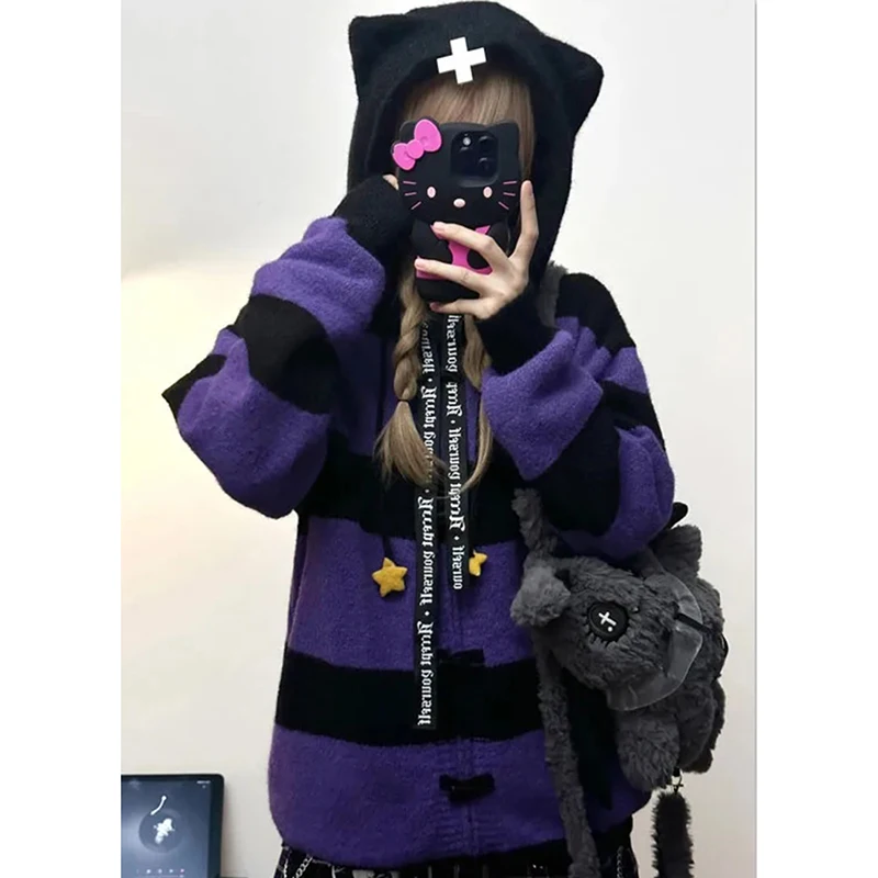 

Темный академический вязаный свитер женский Harajuku Y2K полосатый лоскутный свитер с капюшоном осень-зима с длинным рукавом свободный ленивый уличный кардиган