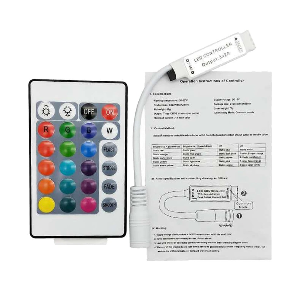 

2PCS Mini RGB LED Controller Easy Installation Max Current 24Buttons Wireless Adjust LED Light Mode Speed Remote