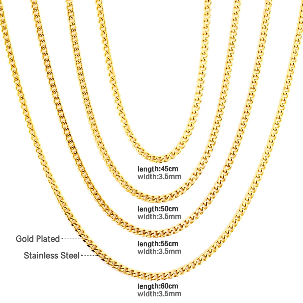 LUXUSTEEL 5Pcs/Lot Punk Cuban Curb Link Chains Necklace For Women Men Golden Color Stainless Steel Collars For Pendants 3.5mm