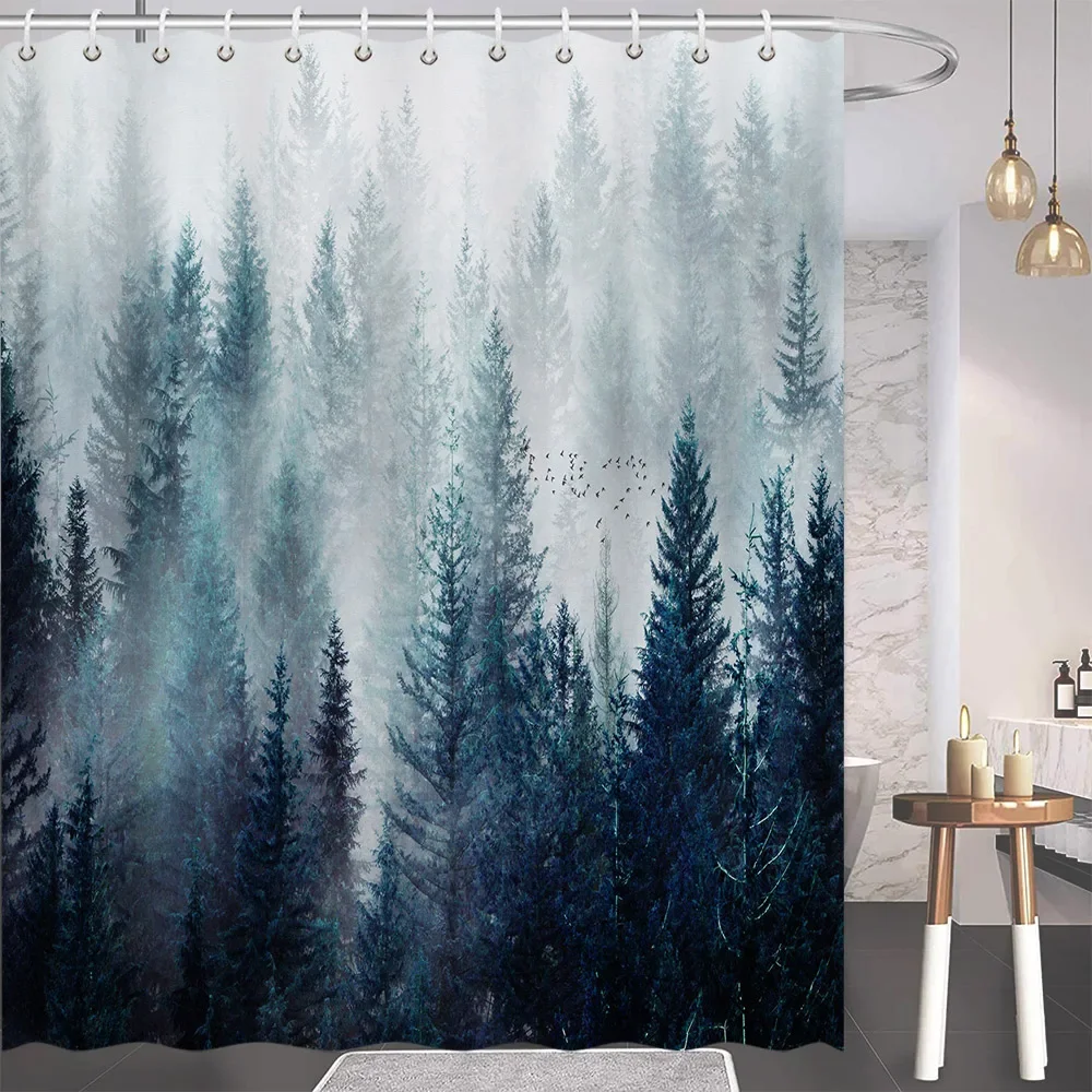 Foggy Forest Shower Curtain Misty Trees Mountain Cool Nature Scenery Landscape Fantasy Bird Outdoor Theme Fabric Bathroom Decor