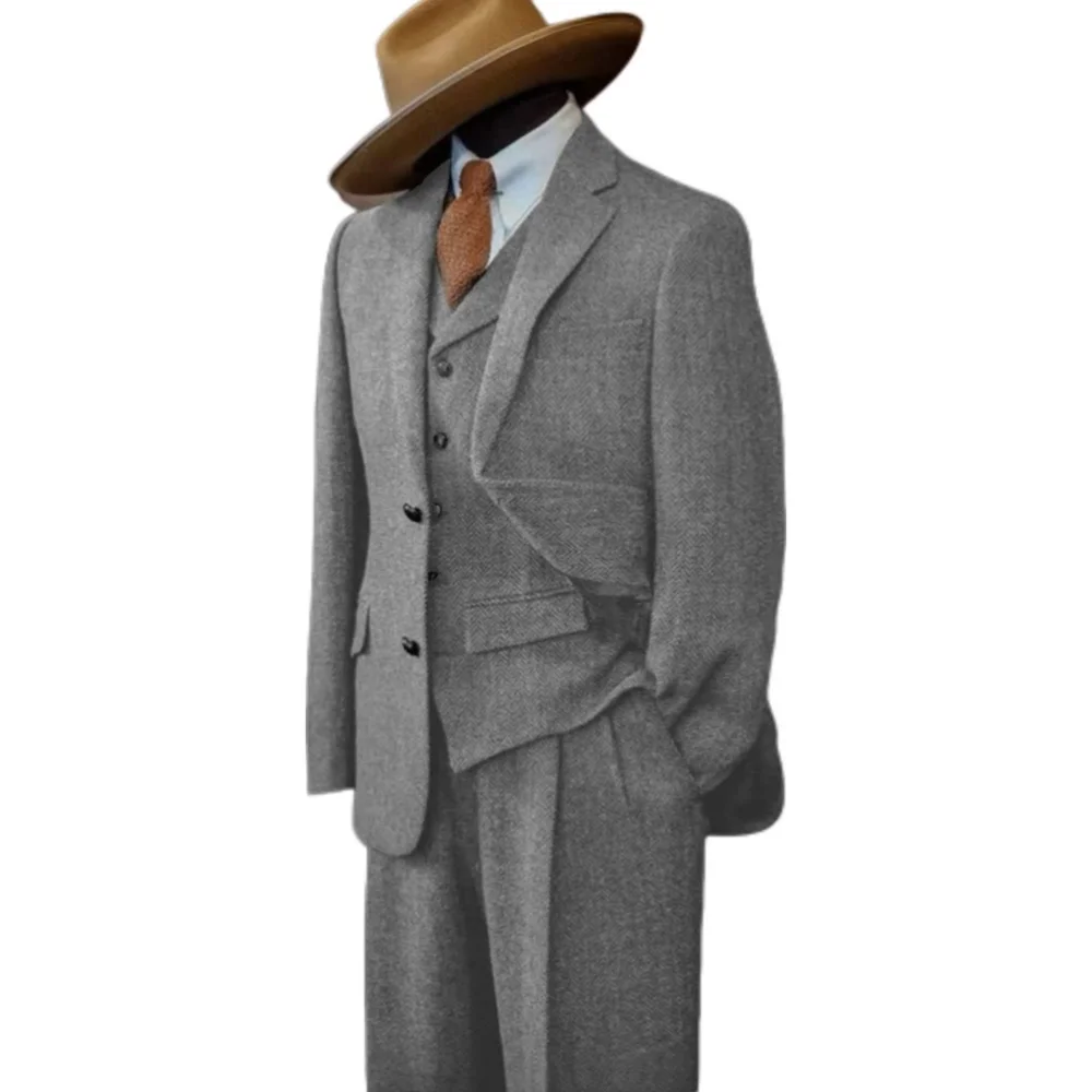 Dark Gray 3 Piece Men's Suit Woolen Tweed Herringbone Retro Classic Pattern Business Blazer Pants Vest Tuxedo for Wedding