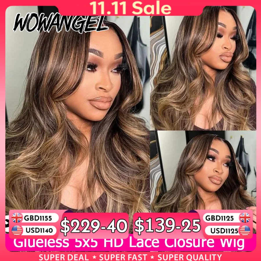 WOWANGEL Honey Blonde Balayage Highlight Wig Body Wave Human Hair Wigs 5x5 HD Lace Glueless Wigs Pre Bleached Brazilian Hair