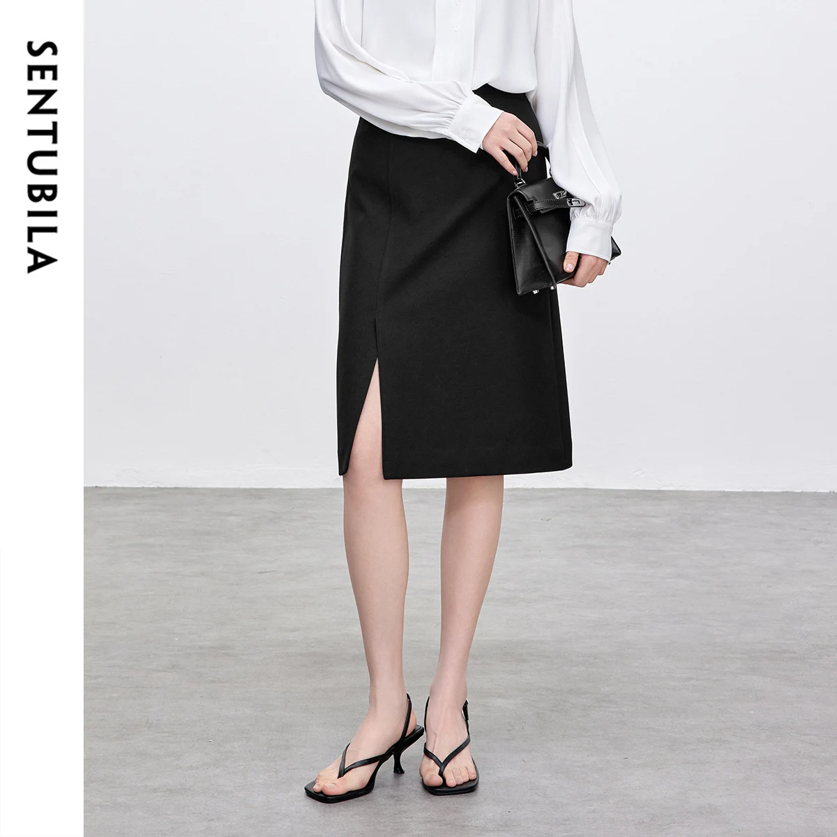 

SENTUBILA Black Midi Skirt Woman 2025 Formal Style Twill Texture High Waist Slit Hem Straight Skirts Officewear Skirts 152Q59335