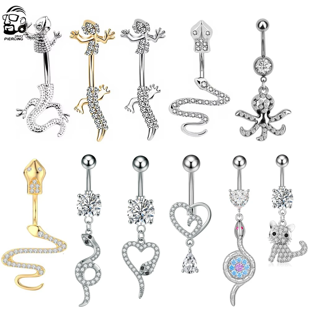 Gecko Snake Belly Button Ring CZ Crystal Surgical Steel Navel Rings 14G Belly Piercing Ombligo Oreja Body Jewelry Animal Series