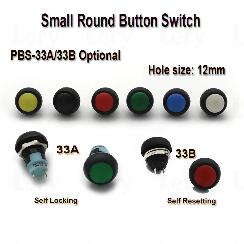 

6 Pcs Button Switch PBS-33B Self Resetting PBS-33A Self-Locking 12MM Red Black White Yellow Blue Green