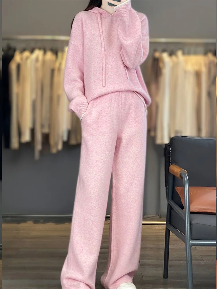

Women's matching set 100% Merino wool hooded collar sweater+straight elastic waist pants two-piece set knitted casual