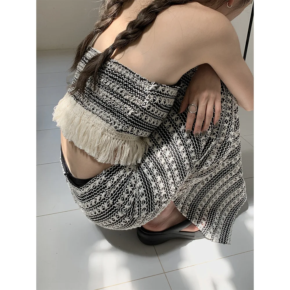 Korobov Personality Two Piece Set for Women Striped Fringe Chest Skirt Summer New Knitted Suit Korean Fashion Conjuntos Curtos