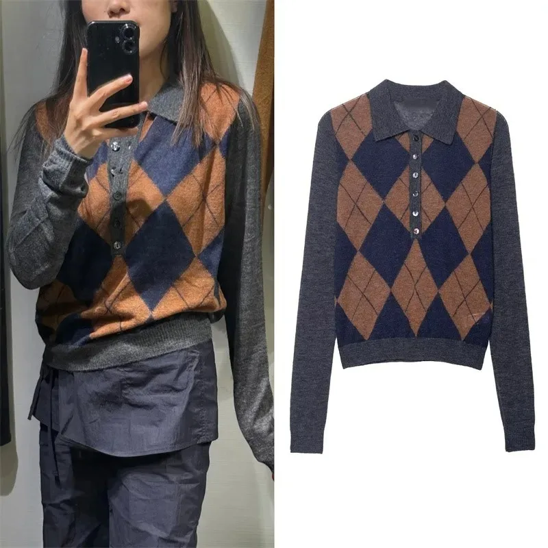 

Women's Top Autumn New Style Color-Block Argyle Long-Sleeve Polo Collar Knit Sweater Casual Fashion Versatile