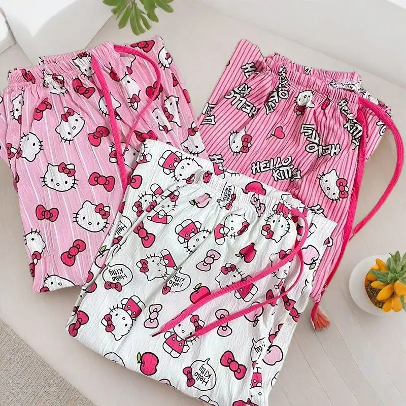 

Розовые брюки Hello Kitty для девочек, весна-лето, пижамные штаны на шнурке Y2Ksanrio, милые повседневные свободные спортивные штаны, универсальные брюки для прогулок