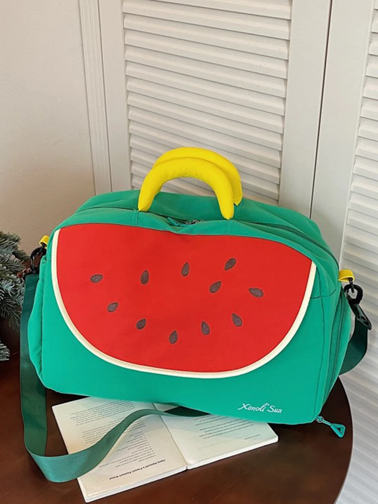 

Cute Watermelon Shaped Women's Handbag Large Capacity Travel Bag Fashionable Casual Cartoon Canvas Bag Fitness Storage Bag
