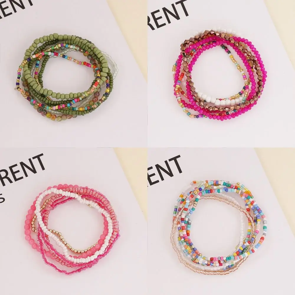 Vintage Bohemian Stone Beaded Bracelet Crystal Boho Style Multilayer Chain Bracelet Multicolors Elastic Beads Bangle Women