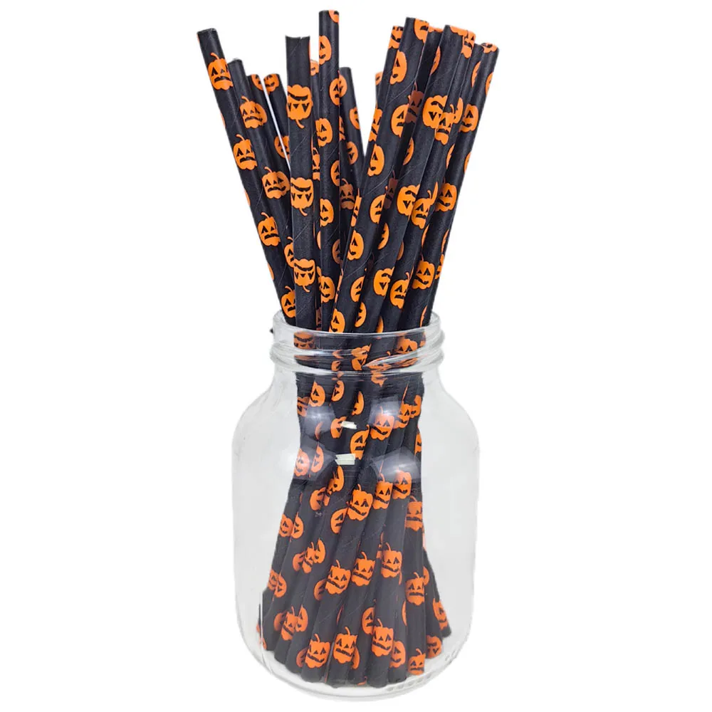 25-200 Stück Halloween Einweg Stroh Kürbis Spinne Schädel Muster Papier Strohhalme Orange Schwarz Dekoration Halloween Party Supplies – Detail 1